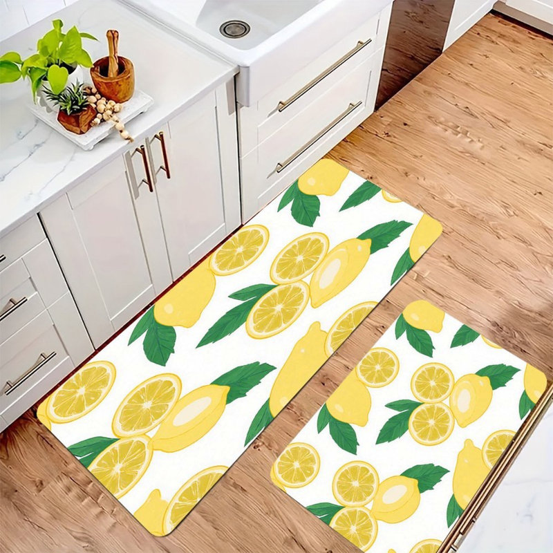Ensemble de 2 tapis de cuisine à motif citron vif, Floral blanc
