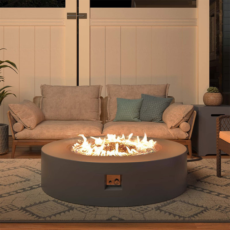 Narinder 12" H x 40.5" W Iron Propane Outdoor Fire Pit Table with Tank Cover, Lid and Volcanic Rocks