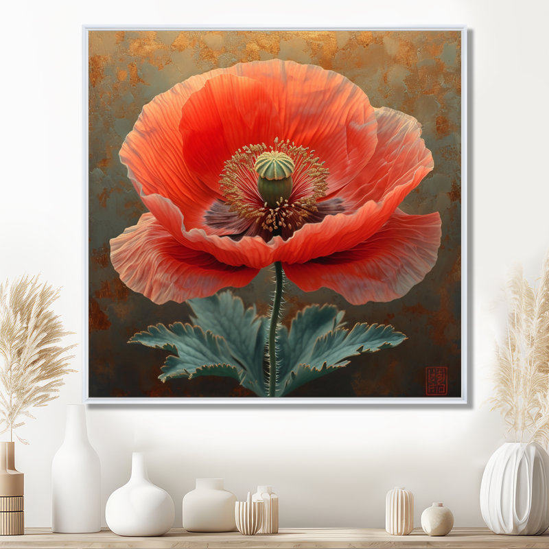Coquelicot rouge détaillé rétro - coquelicot, art mural, Cadre flottant blanc, bois massif, H 16 po x l 16 po
