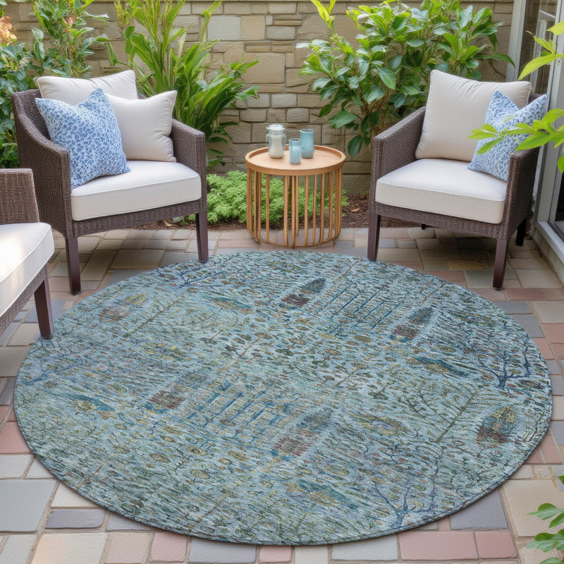 Machine Washable Indoor/Outdoor Xhevrie Teal Rug, Round 8'