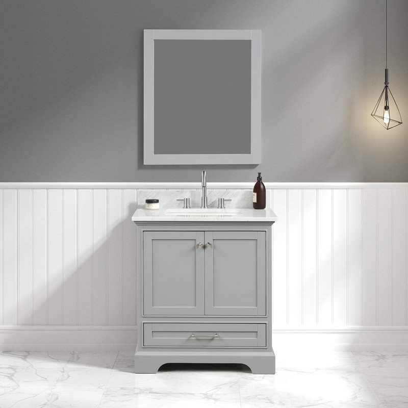 Makanda 31'' Single Bathroom Vanity with Carrara Marble Top with Mirror, Grey