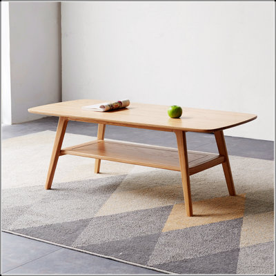 Table basse en bois massif naturel avec tablette de rangement, facile à assembler, idéale pour les espaces de vie et de travail.
