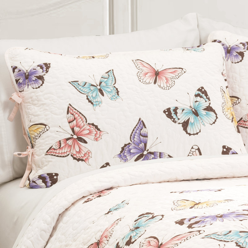 Pink Butterfly Ruffled Microfiber Full Quilt Set