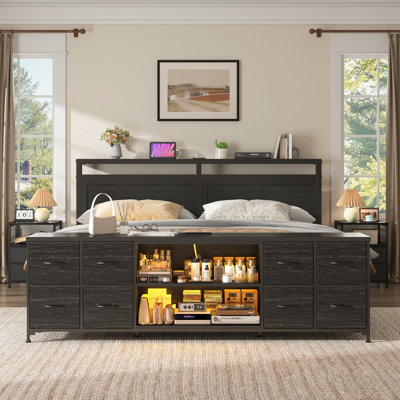 Meuble télé de 70 po avec éclairage à DEL, station de charge et rangement à 8 tiroirs - Console multimédia multifonctionnelle moderne pour le salon et la chambre à coucher					