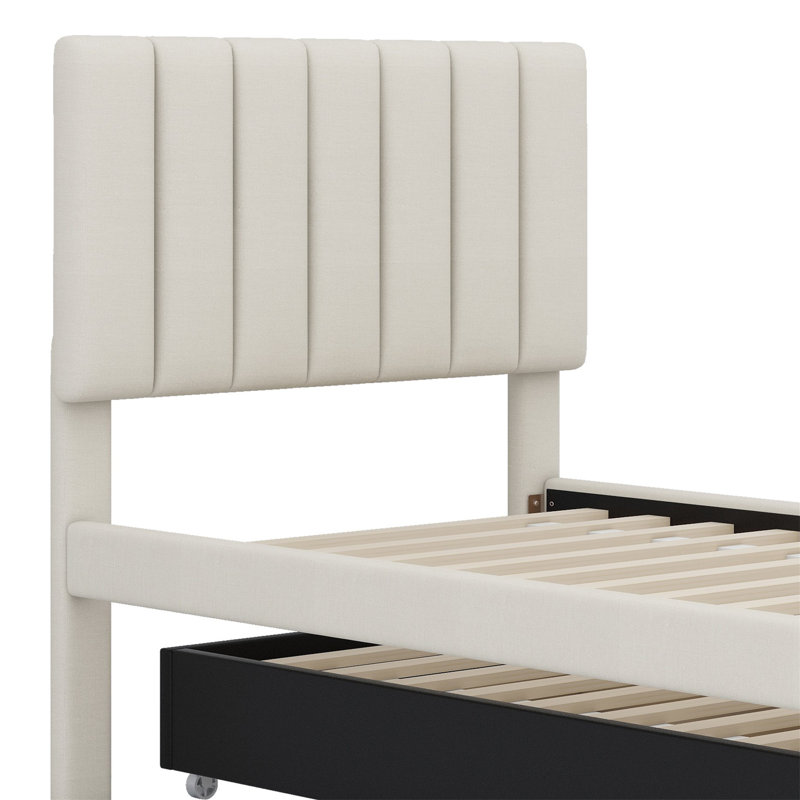 Lit simple avec lit gigogne escamotable et 3 tiroirs de rangement en dessous, lit plateforme simple tapissier en lin, Beige