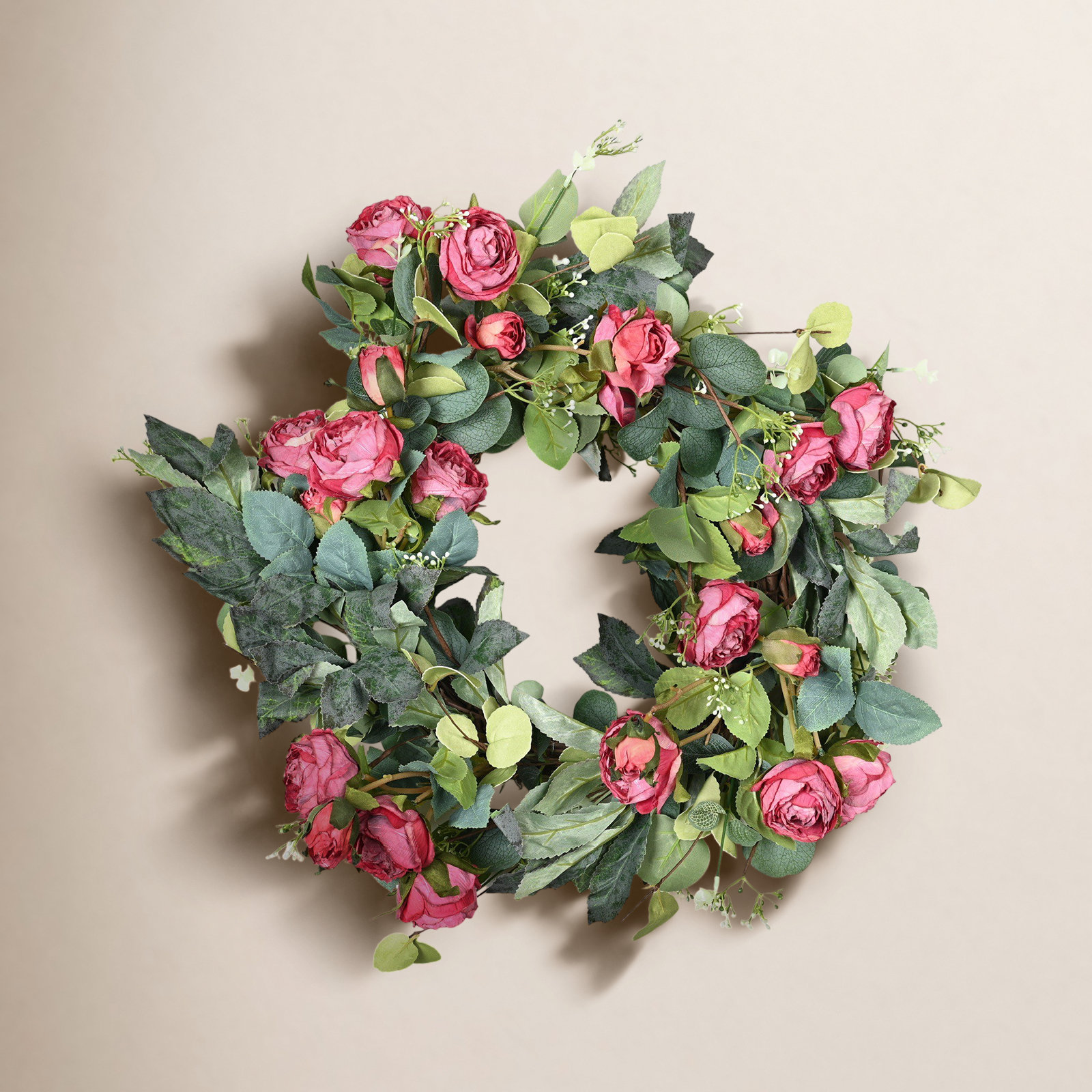 20" Artificial Everyday Leafage Rose Floral Wreath For Front Door Wedding Party Home Decor