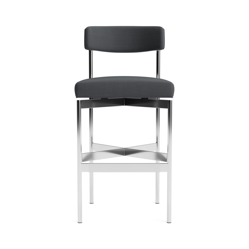 Remy Bar Stool, Performance Linen - Charcoal, Polished Stainless Steel, Bar Stool (31” Seat Height)