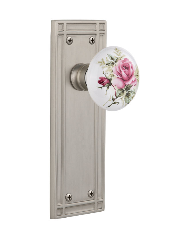 Plaque de mission avec bouton de porte en porcelaine rose, Nickel satiné, 2-3/4"