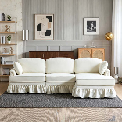 103.15'' Modern Sectional Sofa with Removable Ruffled Pleated Skirt, Chenille Cloud Sofa, Ottoman and Flared Arms