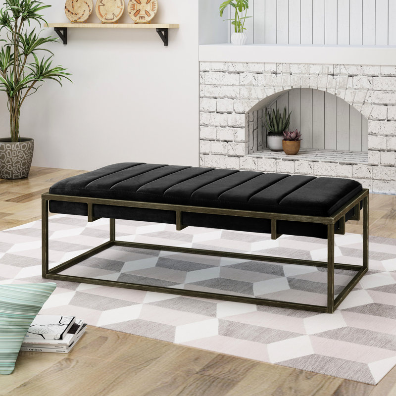 Upholstered Velvet , Black With Modern Brass Finish - Minimalist Look, Metal Frame, 25 In Width, 16 Height Bench Style, Height, Width