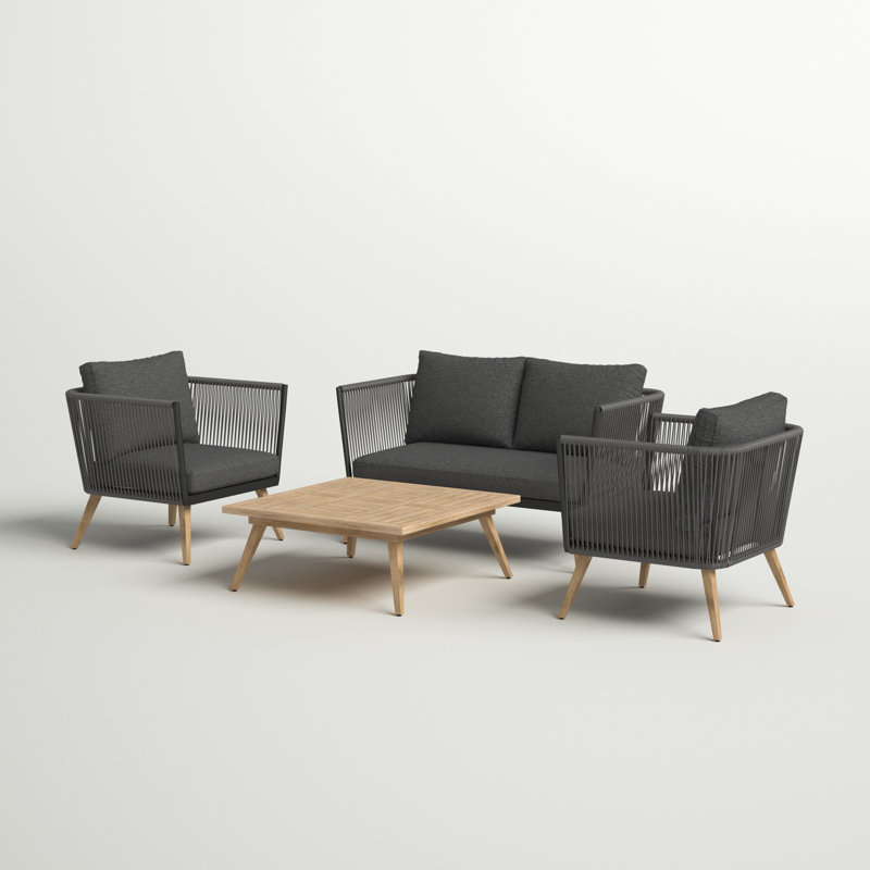 MILAN 4 Seater 4pc Lounging Coffee Set 2 Seater Sofa, 2 Armchairs including Cushions with Aluminium Wood Look 80cm Square Coffee Table
