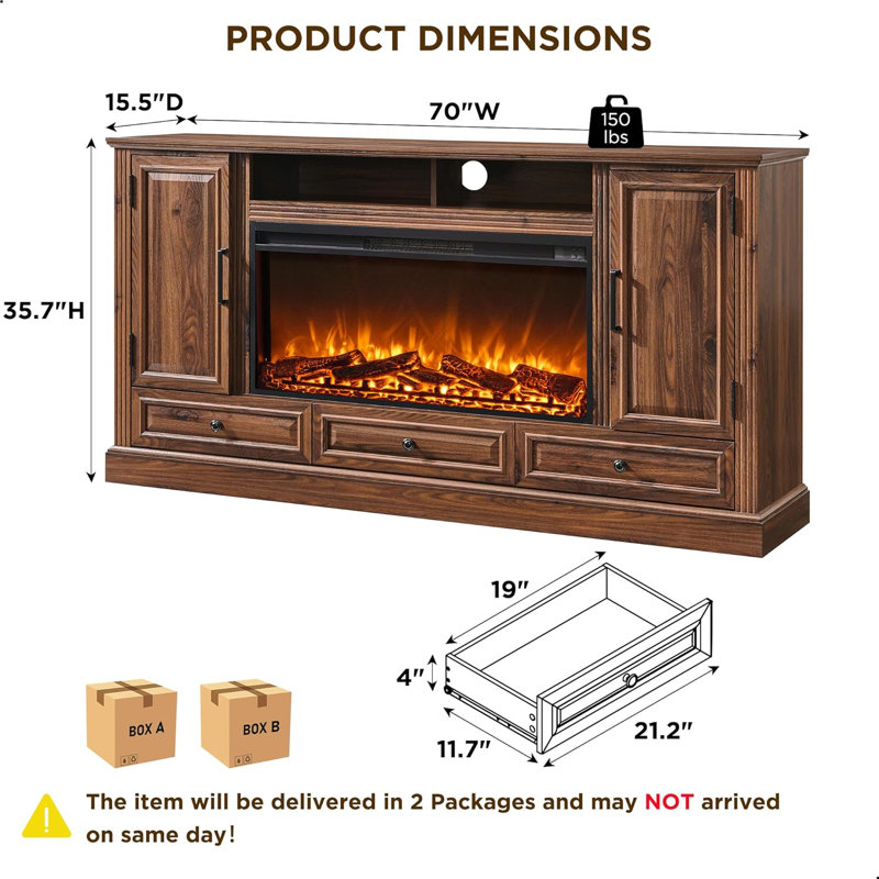 Elma Farmhouse Fireplace TV Stand, 70" TV Stand for TVs up to 80" with Electric Fireplace and Adjustable Shelves, Brown