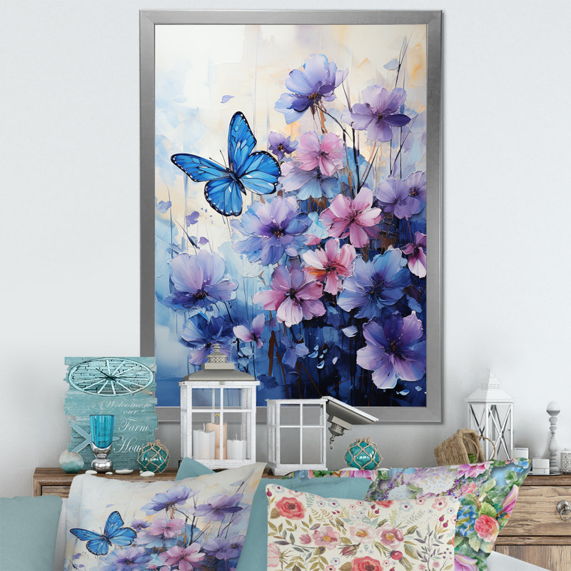 «Sapphire Blue Hues» capture le vol délicat - impressions sur toile papillon, Cadre simple argenté