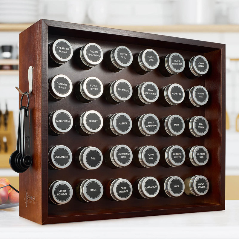     Complete Spice Rack Set with Mahogany Finish - includes 30 Glass Spice Jars, 80 Labels, 5 Measuring Spoons - Kitchen Organizer