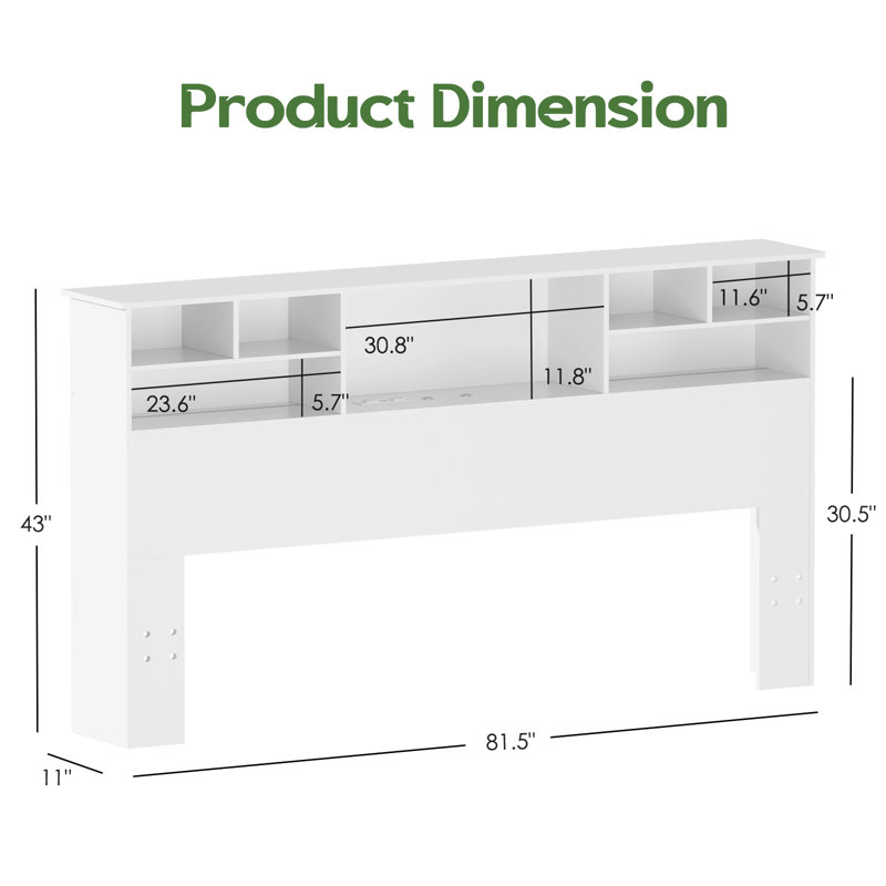 Modern Wooden Bookcase Headboard with LED Light and Charging Station, White, Queen