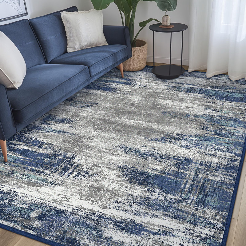 Abstract Modern Machine Washable Gray / Blue Indoor Area Rug with Non-Slip Backing, Rectangle 5' x 7'