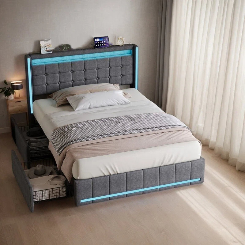 Linen-upholstered bed with LED lighting and 4 metal drawers, Single (3'), Grey