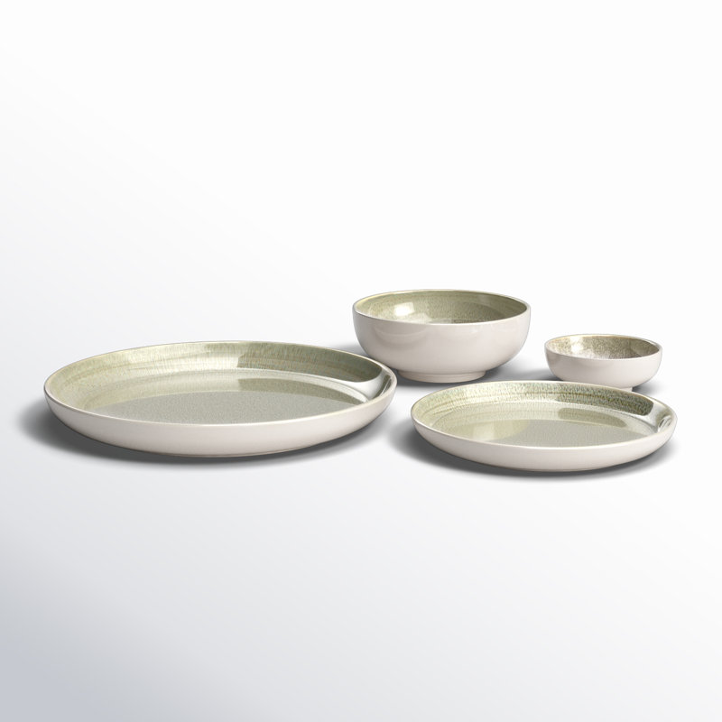 Sango Resona 16-Piece Stoneware Dinnerware Set - Service For 4, Plate And Bowl Set, Moss Green/Cream