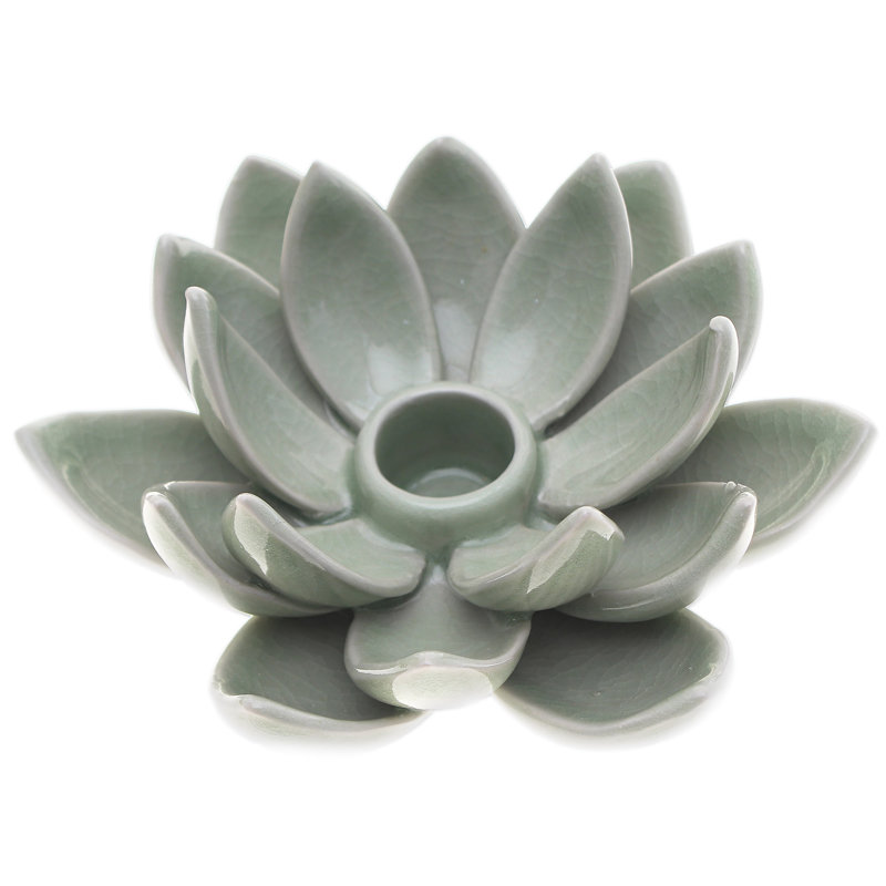 Handmade Lotus Splendor Celadon Ceramic Candle Holder, Green