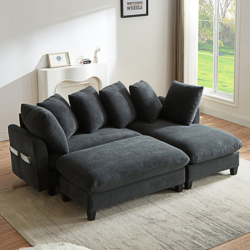 Canapé modulaire, canapé en L, canapé modulaire rembourré avec repose-pieds mobile et six coussins décoratifs, Noir