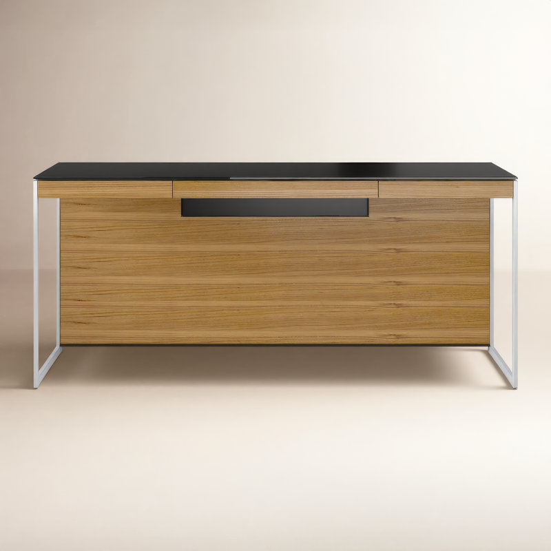 Sequel 20 Glass Top Writing Desk, Natural Walnut/Satin Nickel, 24.75" H x 66" W x 24" D