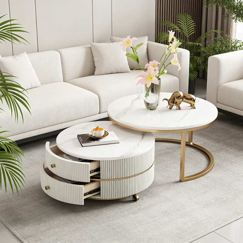 Table basse Roose 2, Blanc / Doré, H 17,71 po x L 27,55 po x l 27,55 po, Blanc