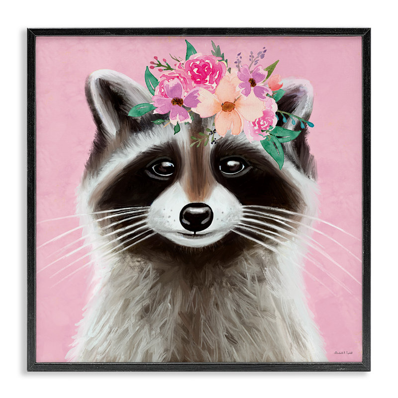 «Rose Florals Raccoon», estampe numérique par Elizabeth Tyndall, H 12 po x l 12 po, Giclée encadrée noir minuit
