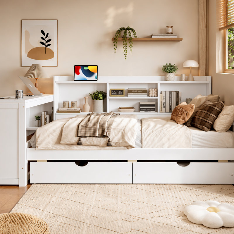 Lit de jour d'angle avec tiroirs de rangement, bureau et port de charge, Blanc