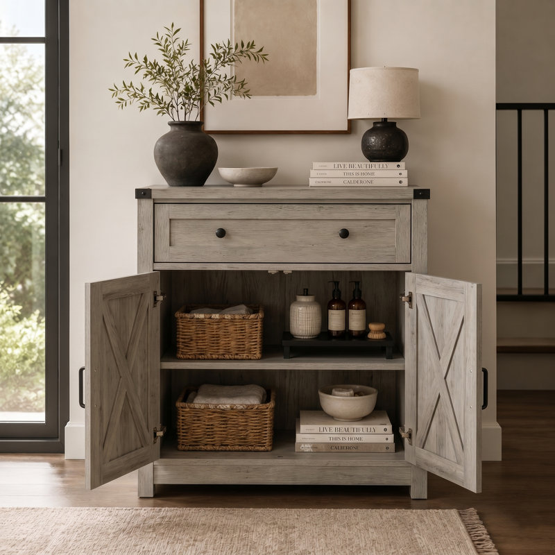 Farmhouse Barn Door Storage Cabinet With Drawer, Gray