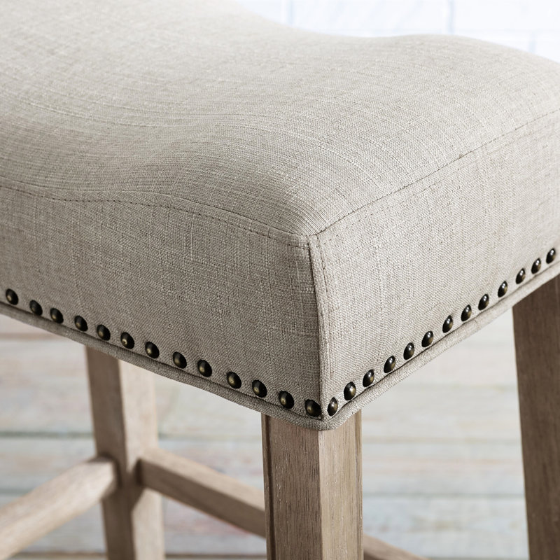Tan 29" Backless Bar Stools With Saddle Seat, Of 2. Genuine Wood, Weathered Grain. Upholstered. Contemporary Design. 18"w X 13"d 29"h. Assembly Required. Home Use Upholstered Seat 2 - Real Wood