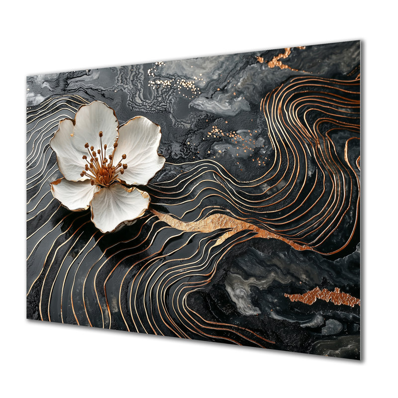 Pommier en fleur dans une rivière à encre noire et dorée - décoration murale en métal Apple Blossom, H 34 po x l 44 po
