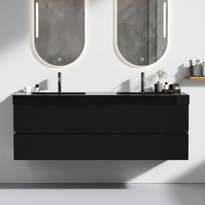 Meuble-lavabo Grace de 60 po avec lavabo à quartz mat et tiroirs souples, meuble-lavabo mural flottant pour salle de bain moderne, lavabo une pièce mat, pré-assemblé