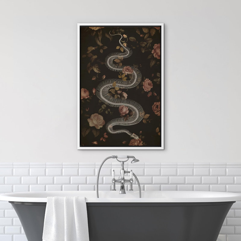 Moody floral serpent squelette gothique art moderne, H 24 po x l 16 po, Cadre flottant blanc