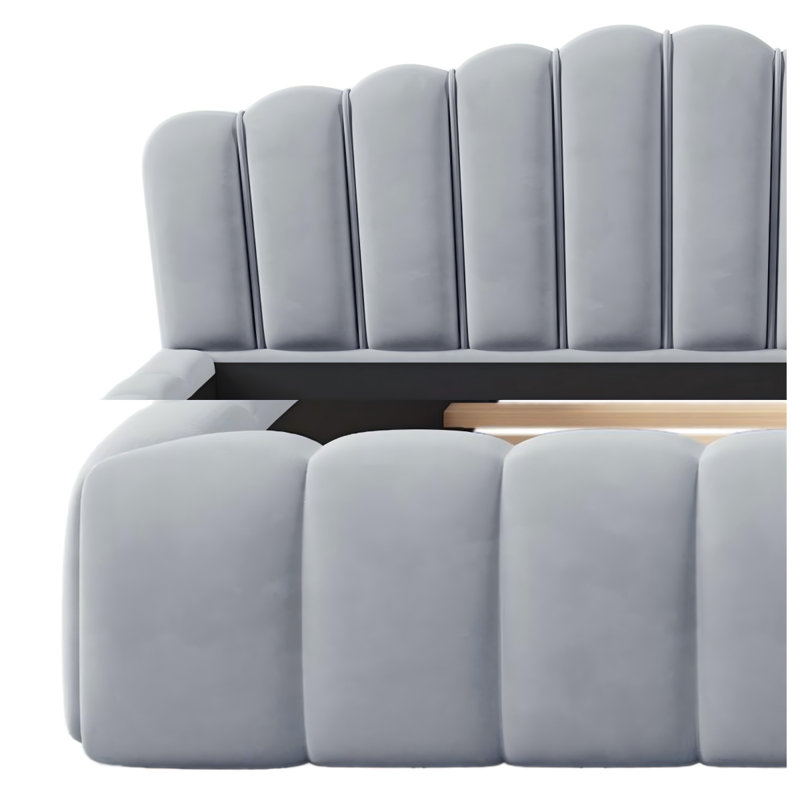 Structure de lit en velours pour grand lit - tête de lit tapissier en forme de coquillage, lit de plancher à profil bas, aucun sommier tapissier requis