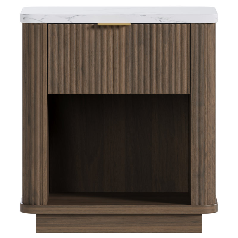 Table de chevet moderne à 1 tiroir cannelée avec plateau en faux marbre et tablette ouverte, Noyer, 2