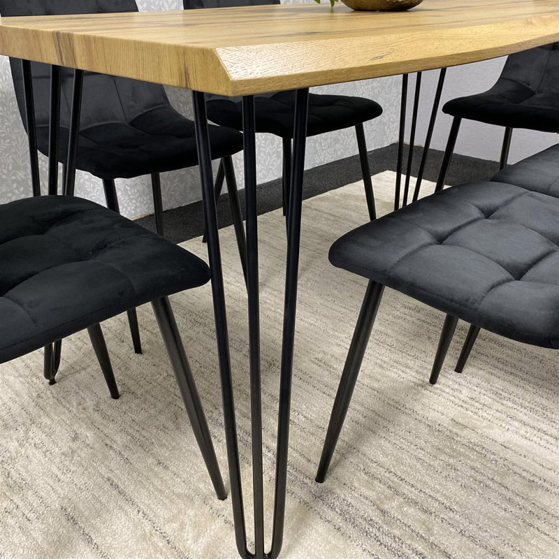 Wooden Dining Table and 6 Velvet Chairs - Stylish Dining Room Furniture, Black, 75cm H x 117cm W x 77cm D