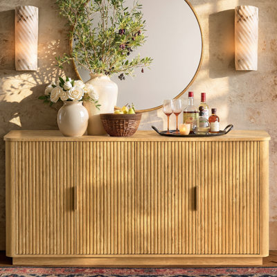 63" Fluted Oak Sideboard With Faux Marble Top & Curved Corners