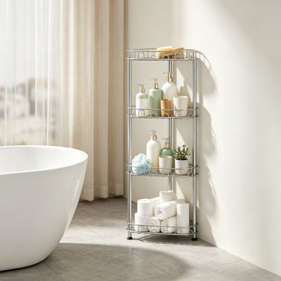4-Tier Standing Shower Caddy Corner Shelf with 16 Hooks, Rustproof Stainless Steel Bathroom Organizer Rack with Adhesive Stabilizer Pads, Space-Saving Shower Storage for Bottles and Accessories
