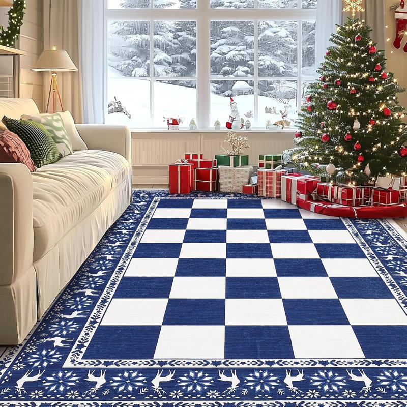 8x10 Checkered Christmas Area Rug, Washable Non Slip Low Pile Rug for Dining Room, Blue, Blue, Rectangle 8' x 10'
