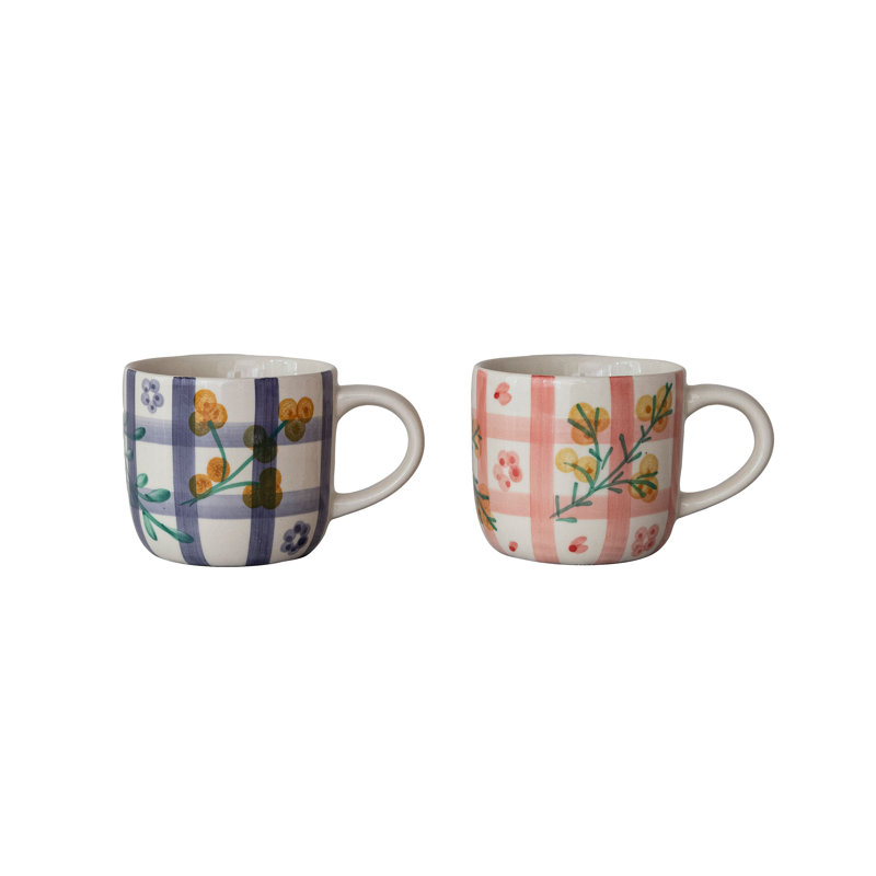 Hand-Painted Stoneware Mug W/ Grid Pattern & Botanicals