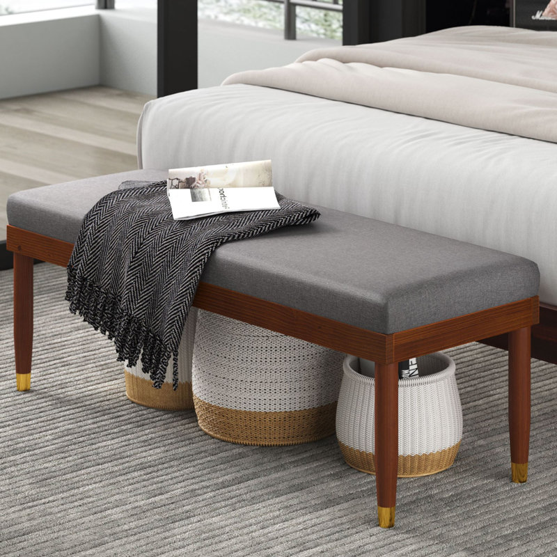 Raymond Mid-Century 48" Grey Upholstered Bench with Brass-Tipped Legs