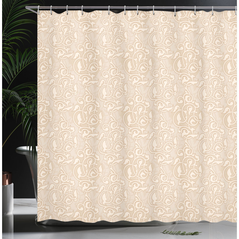 Beige Fabric Shower Curtain with Floral Patterns and Hooks