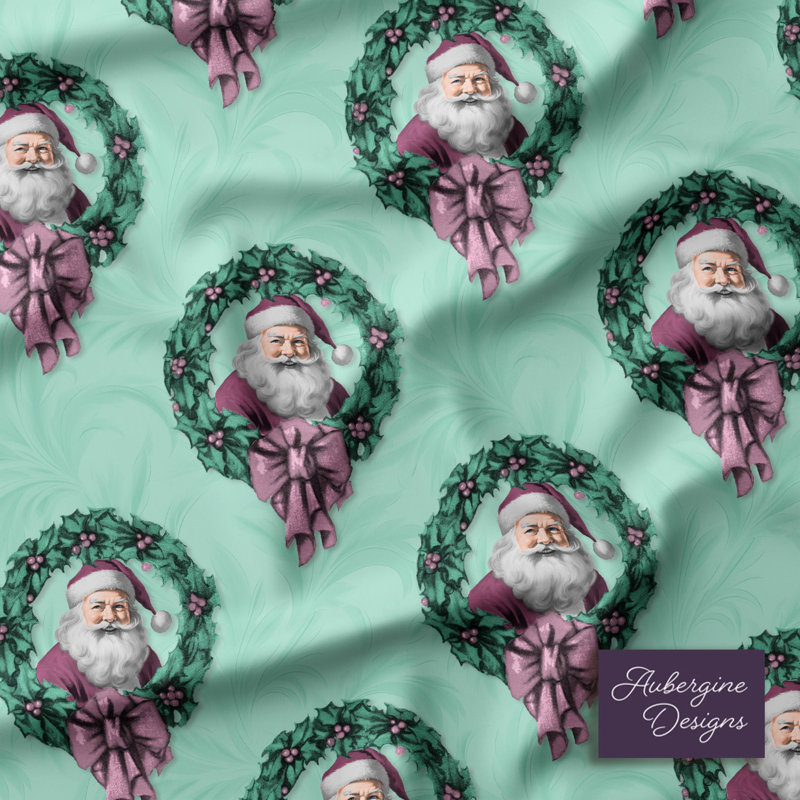 Couverture en velours froissé / Père Noël rétro dans une couronne, Blanc / vert / rose