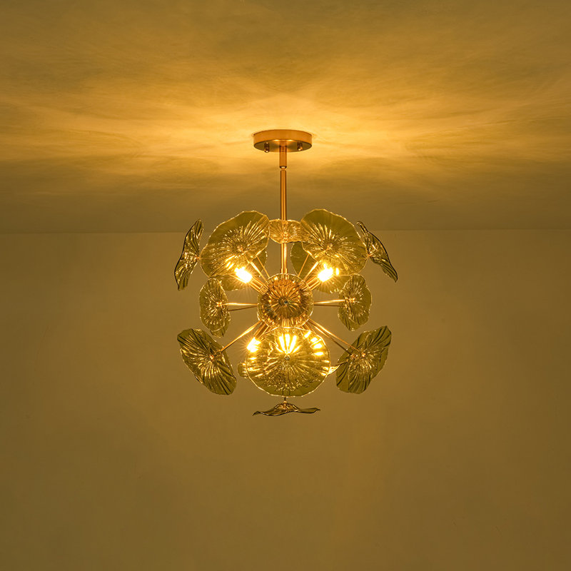 Lustre rond à 6 lumières en verre à pétales vert Murano Lilypad