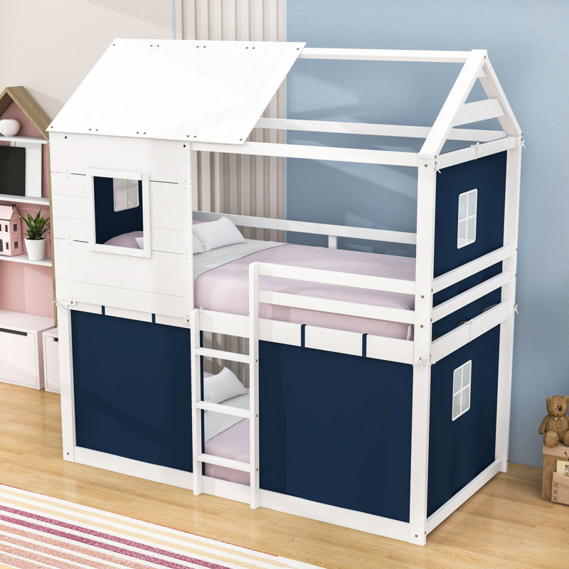 Wood Bunk Bed With Tent, Twin, Blue White