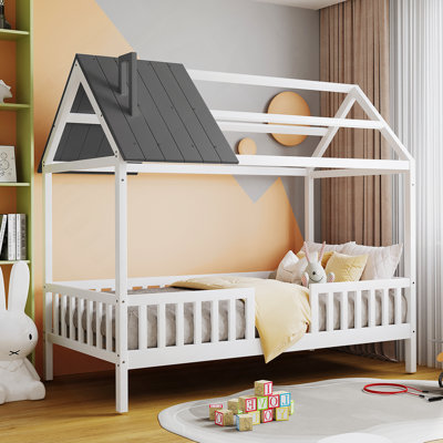 Lit simple en bois avec clôture, blanc et gris