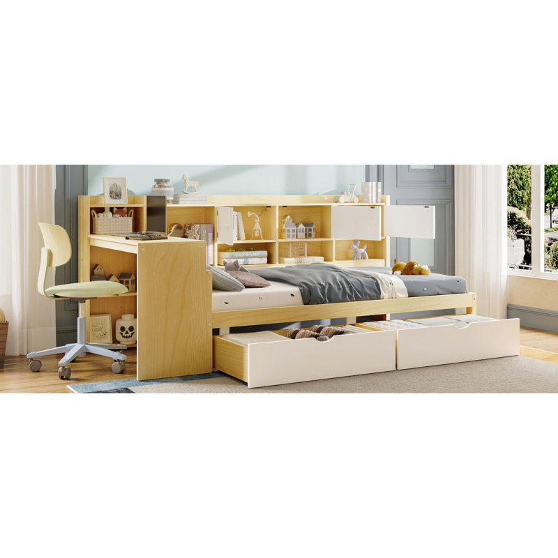 Multi-Functional L-Shape Daybed With Storage - Twin Size, Natural And White Two Large Drawers +
