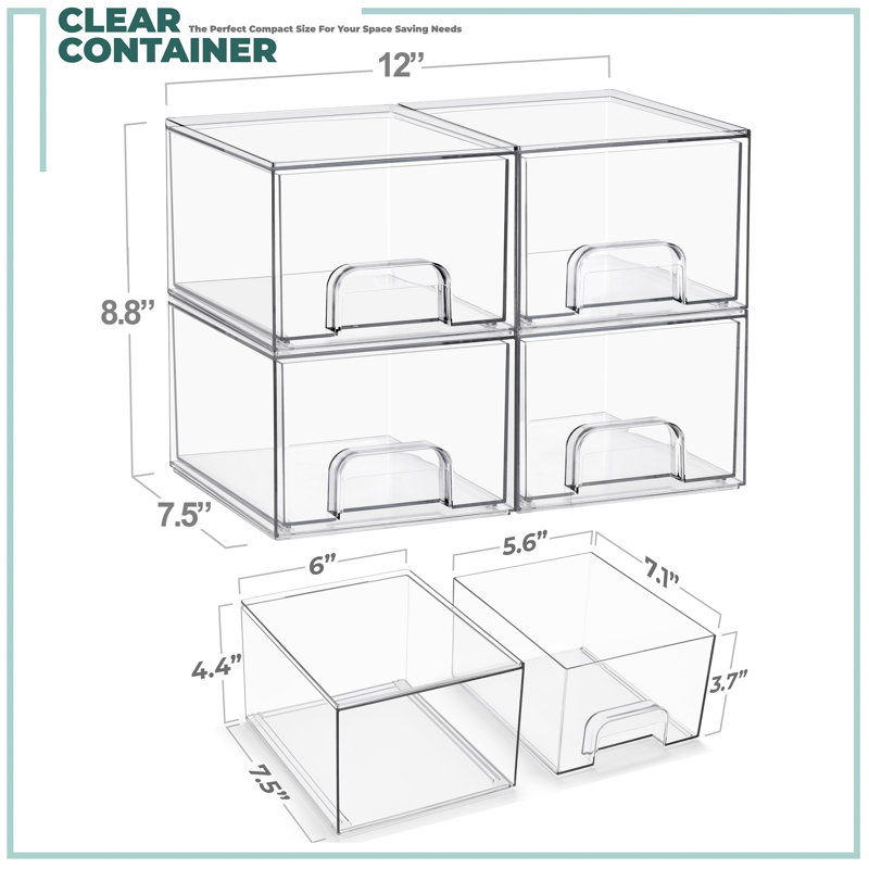 Sorbus Stackable Acrylic Storage Drawers, 4 Pack Clear Plastic Organizer Bins for Baby Bottles, Makeup, Bathroom, Vanity & Kitchen Countertop Organization, Pull-Out Drawer Design for Cabinets & Pantry, Small, 4 Pack