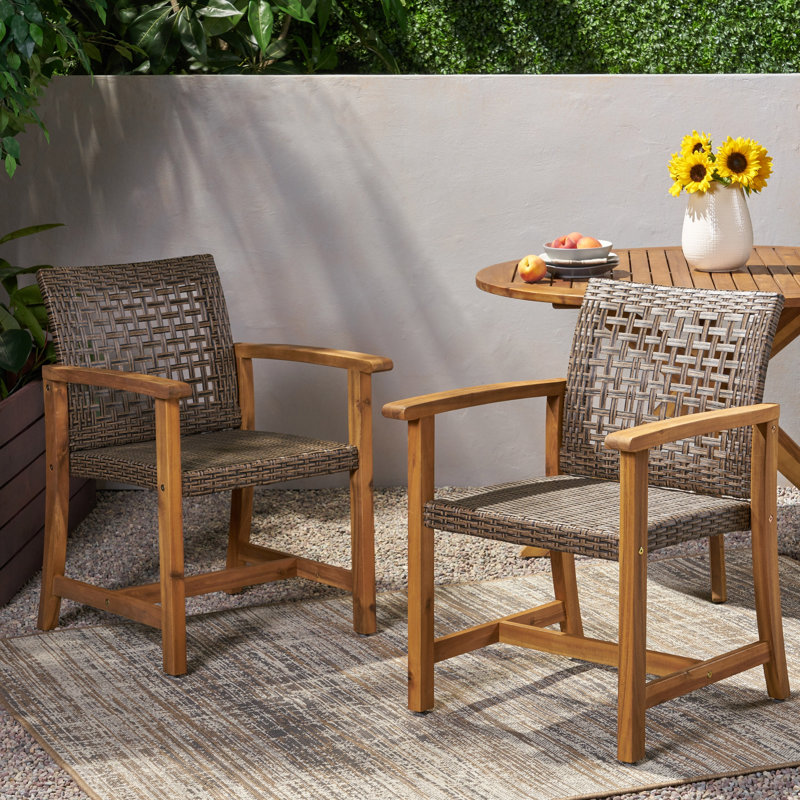 Chaise de salle à manger en bois et osier pour patio (ensemble de 2), Brun / Gris