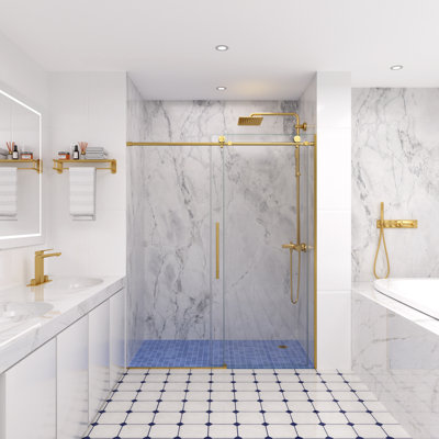 Porte de douche sans cadre, porte de douche en verre coulissante double l 56-60 po x H 74 po avec porte de douche en verre trempé épais épais de 5/16 po (8 mm), système de fermeture en douceur et revêtement anti-déflagrant Nano, or brossé